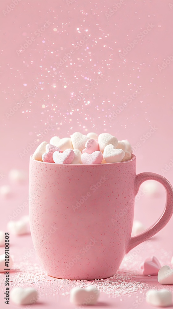 Pink Mug Filled with Heart Shaped Marshmallows on Pink Background Pink Mug Filled with Heart Shaped Marshmallows on Pink Background