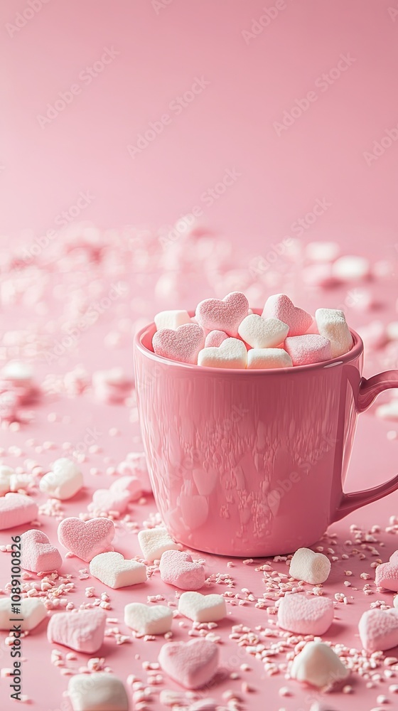 Pink Mug with Heart Shaped Marshmallows - Romantic Hot Chocolate Pink Mug with Heart Shaped Marshmallows - Romantic Hot Chocolate