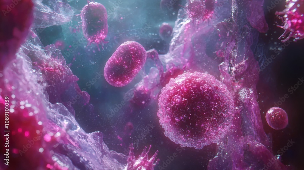 A vivid depiction of microscopic cells in a colorful, abstract environment, showcasing cellular structures and interactions in vibrant hues. A vivid depiction of microscopic cells in a colorful, abstract environment, showcasing cellular structures and interactions in vibrant hues.