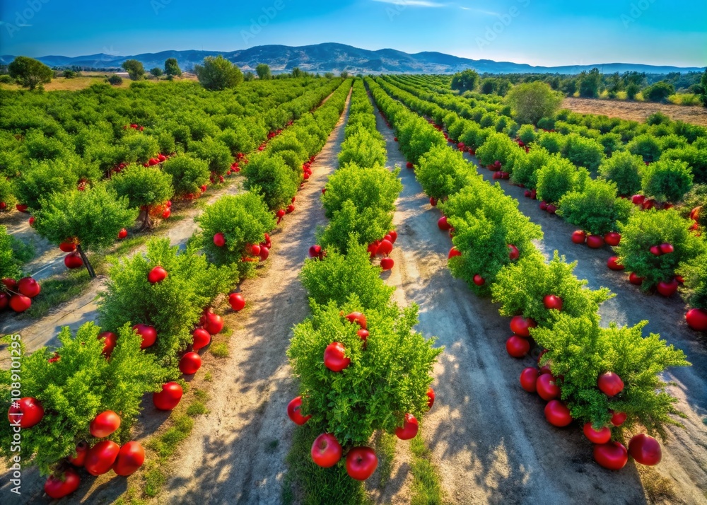 Aerial View of Lush Pomegranate Orchard with Ripening Fruits Surrounded by Green Foliage Under Bright Blue Sky, Capturing the Essence of Fresh Harvest Season Aerial View of Lush Pomegranate Orchard with Ripening Fruits Surrounded by Green Foliage Under Bright Blue Sky, Capturing the Essence of Fresh Harvest Season