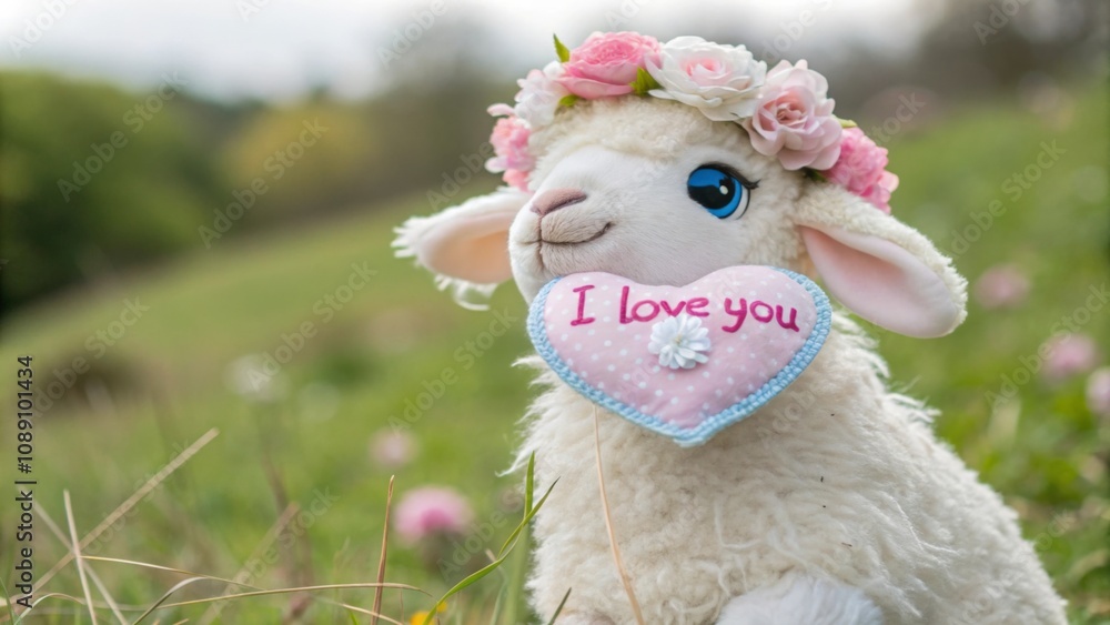 Adorable lamb plush with flower crown and heart pillow in a lush green field Adorable lamb plush with flower crown and heart pillow in a lush green field