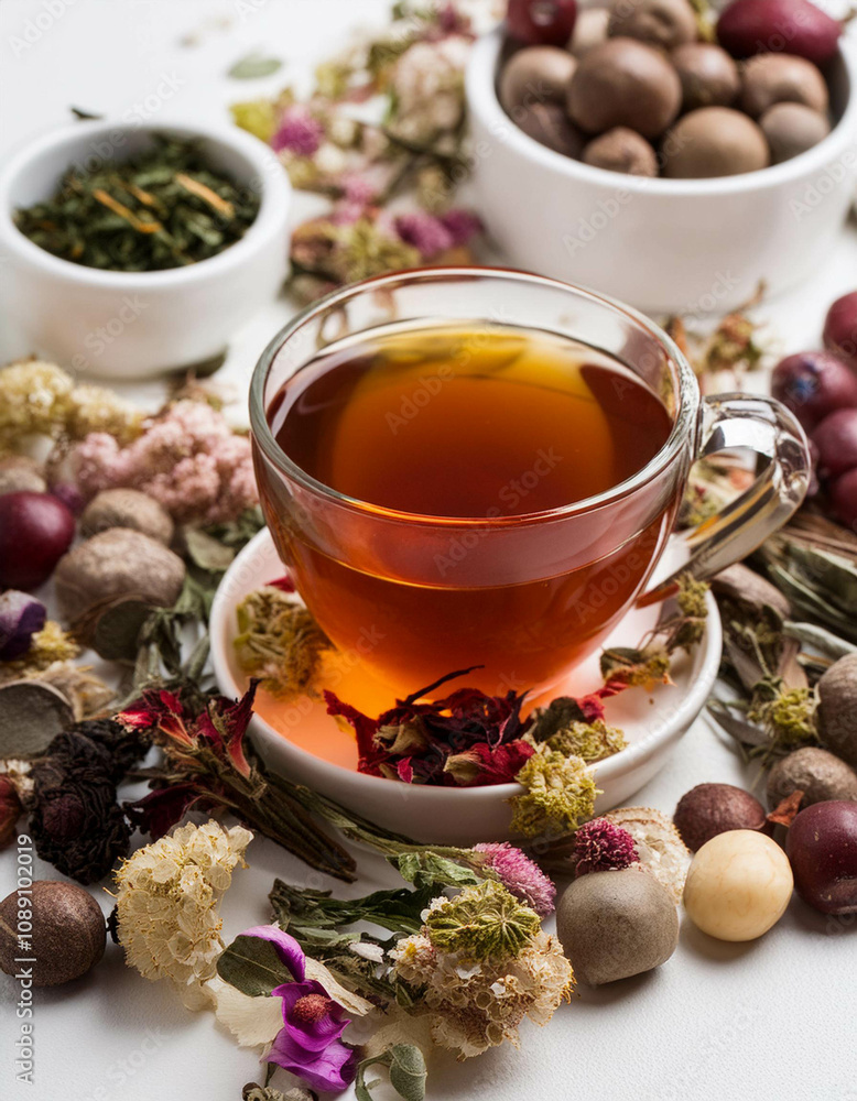 Cup of herbal tea with various herbs white background Cup of herbal tea with various herbs white background