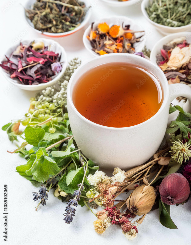 Cup of herbal tea with various herbs white background Cup of herbal tea with various herbs white background