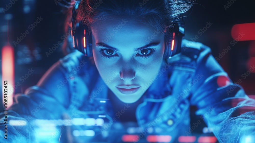 A young woman, wearing headphones, is intensely focused on something in front of her. The blue and red light shining on her face suggests she's working on a computer or playing a video game. A young woman, wearing headphones, is intensely focused on something in front of her. The blue and red light shining on her face suggests she's working on a computer or playing a video game.