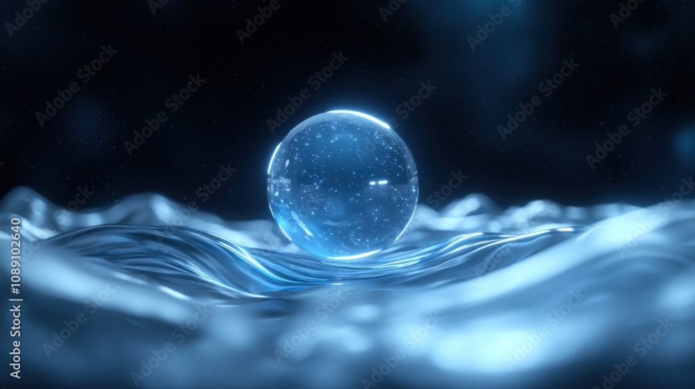 A blue sphere floating on the surface of the water A blue sphere floating on the surface of the water