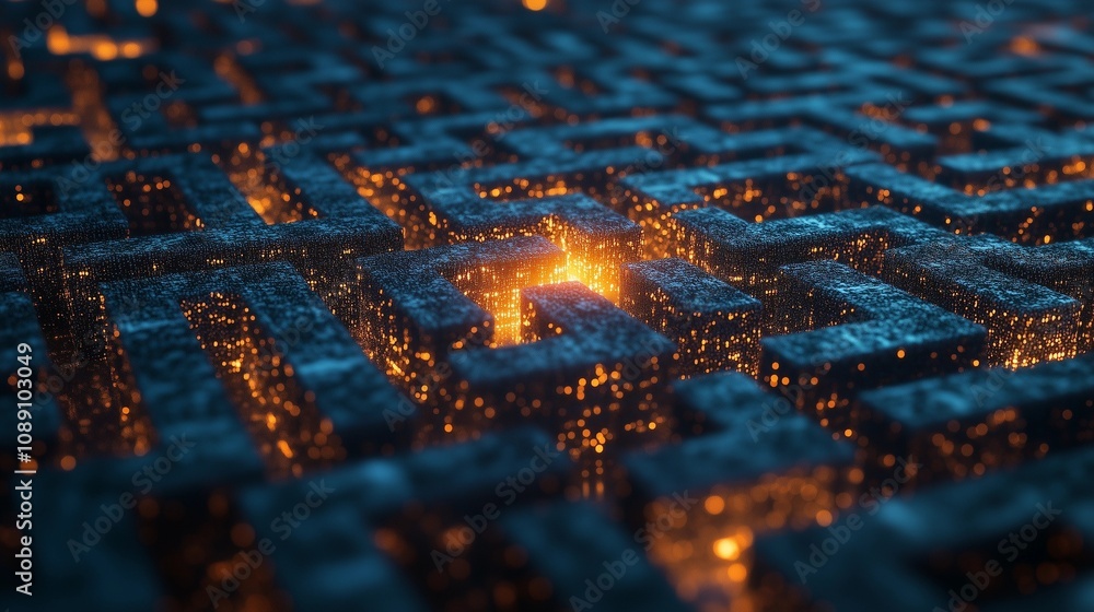 Close-up of Maze Pattern with Glowing Path Representing Decision Making Concept Close-up of Maze Pattern with Glowing Path Representing Decision Making Concept