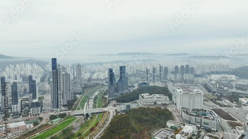 Drone View of Sejong City in South Korea, Park, Autumn, 60fps photo