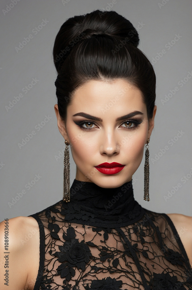 Elegant Portrait of Woman with Glamorous Makeup and Stylish Black Attire Elegant Portrait of Woman with Glamorous Makeup and Stylish Black Attire