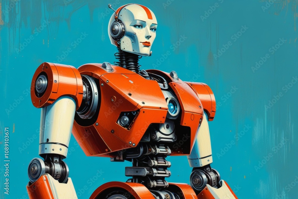Futuristic humanoid robot standing against a vibrant blue background with a striking design and expressive face Futuristic humanoid robot standing against a vibrant blue background with a striking design and expressive face