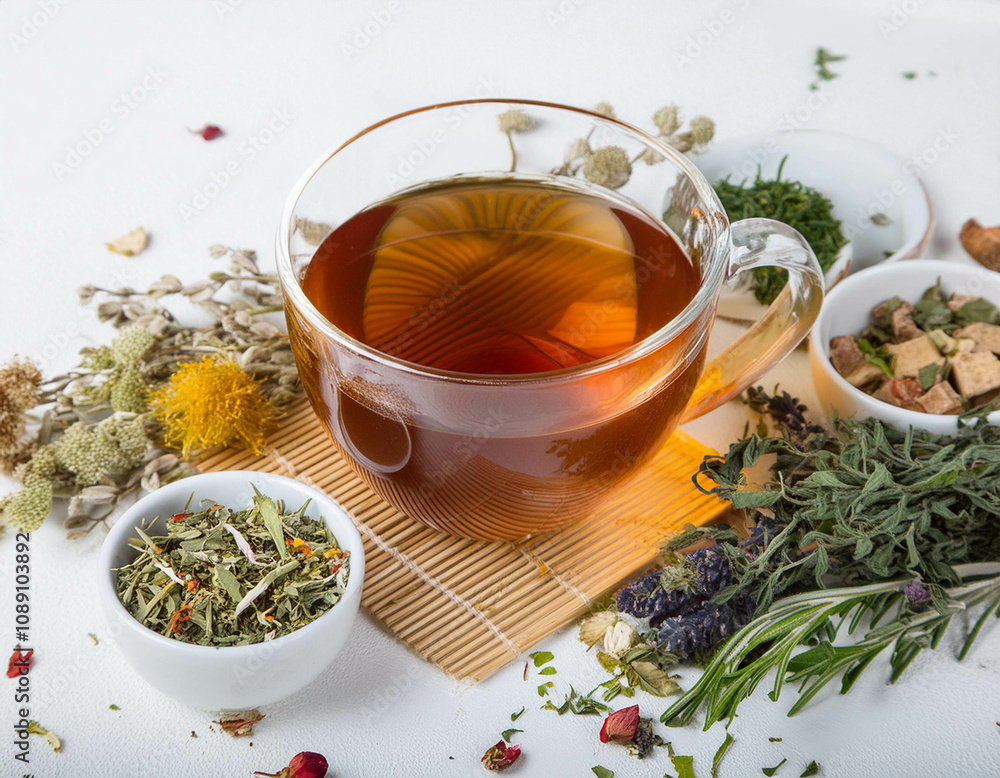 Cup of herbal tea with various herbs white background Cup of herbal tea with various herbs white background