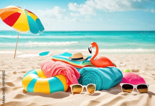 colorful summer beach accessories gear display featuring bright fun inflatable items perfect seasonal getaway, beachball, blanket, bodyboard, chair photo