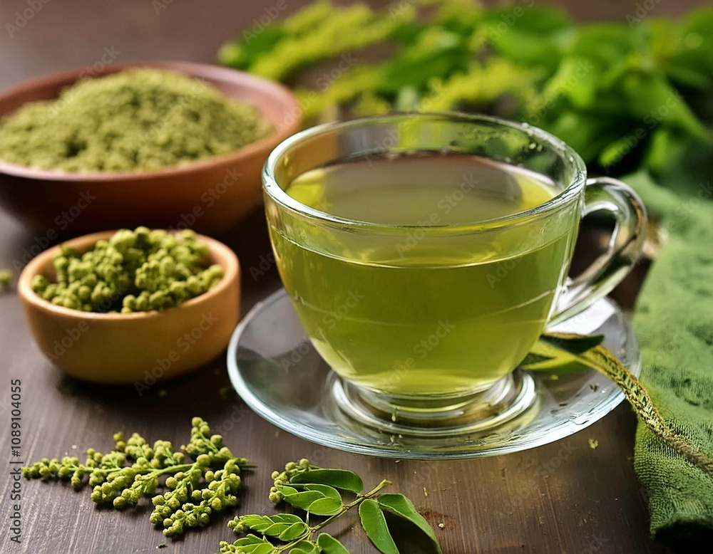 Cup of moringa herbal tea on the table with fresh leaves and flowers Cup of moringa herbal tea on the table with fresh leaves and flowers