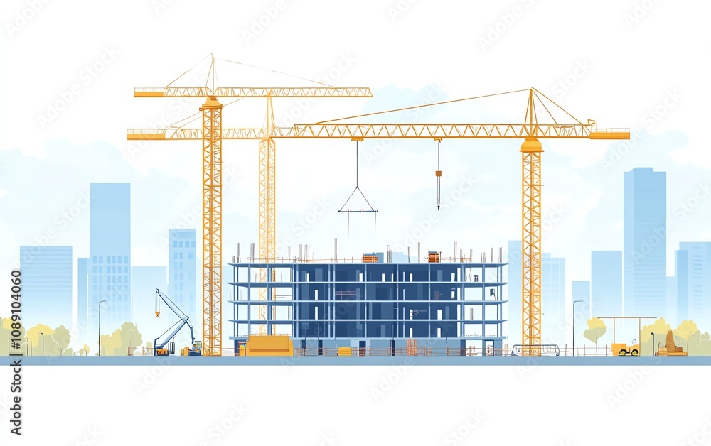 Underconstruction building and tower cranes against the sky, isolated on white background, symbolizing ongoing construction, architectural project Underconstruction building and tower cranes against the sky, isolated on white background, symbolizing ongoing construction, architectural project