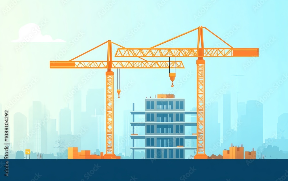 Underconstruction building with tower cranes against the sky, isolated on a white background, representing an unfinished construction project, minimalistic design Underconstruction building with tower cranes against the sky, isolated on a white background, representing an unfinished construction project, minimalistic design