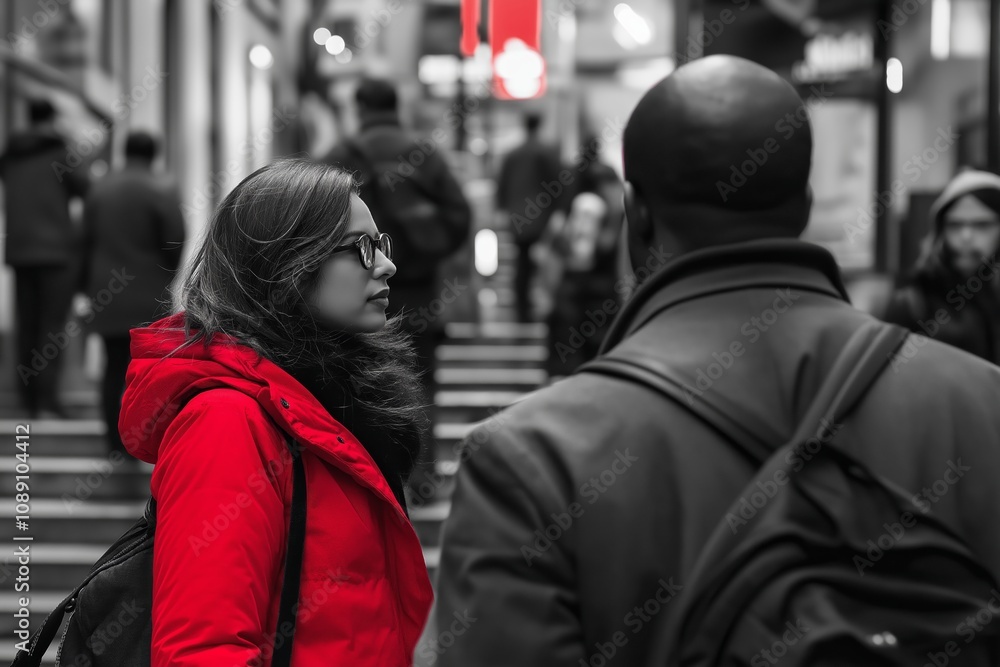A woman in a red coat stands in a bustling street, surrounded by people and vibrant city life, highlighting street style. A woman in a red coat stands in a bustling street, surrounded by people and vibrant city life, highlighting street style.