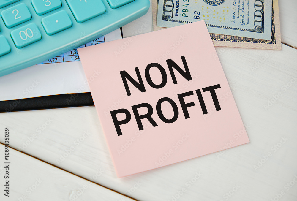 On the financial document near the blue notebook, there is a stationery tablet on which it is written non-profit organization On the financial document near the blue notebook, there is a stationery tablet on which it is written non-profit organization