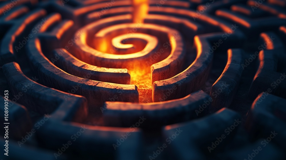 Close-up of Maze Pattern with Glowing Path Representing Decision Making Concept Close-up of Maze Pattern with Glowing Path Representing Decision Making Concept