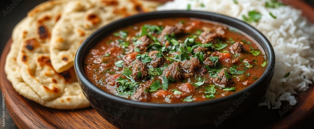 delicious traditional indian beef soup richly garnished with fresh cumin and herbs beautifully presented alongside warm naan bread and a side of spiced rice inviting a feast for the senses delicious traditional indian beef soup richly garnished with fresh cumin and herbs beautifully presented alongside warm naan bread and a side of spiced rice inviting a feast for the senses