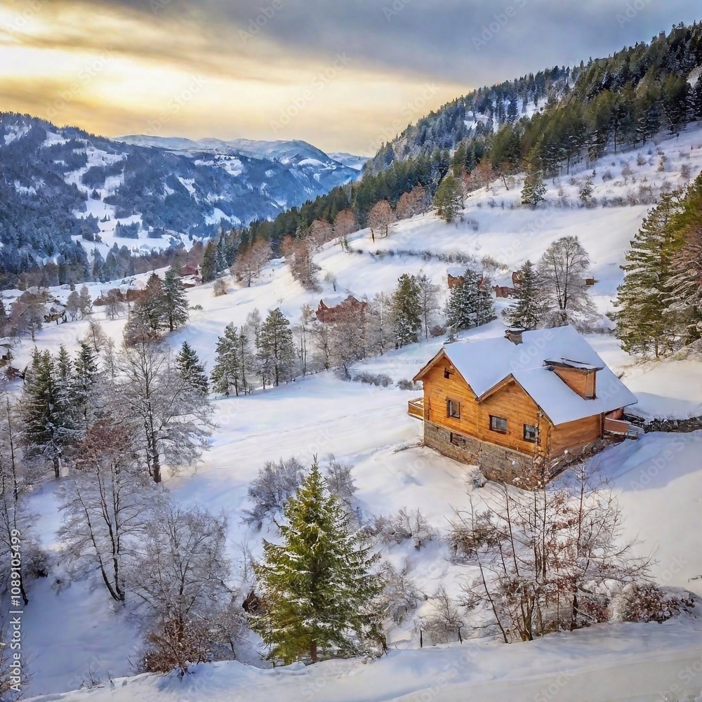 Picturesque hillside home on valley with winding river, winter season Picturesque hillside home on valley with winding river, winter season