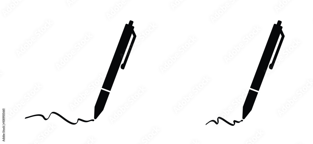Fototapeta premium Ballpoint pen or pencil icon set. Pen ball and drawing line. Hand written signature. Pen ondertekent een contract met handtekening. Signing contract. For work, office or school tools.