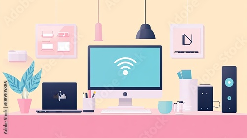 A colorful flat design showing a home Wi-Fi network with gadgets connected wirelessly, on a pastel-colored workspace background