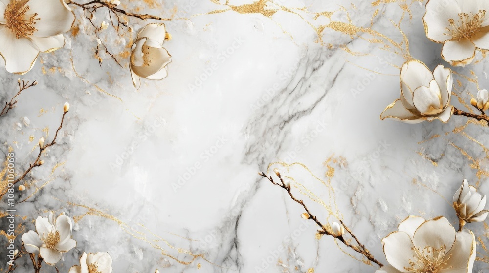 Obraz premium White Flowers and Golden Veins on Marble Background