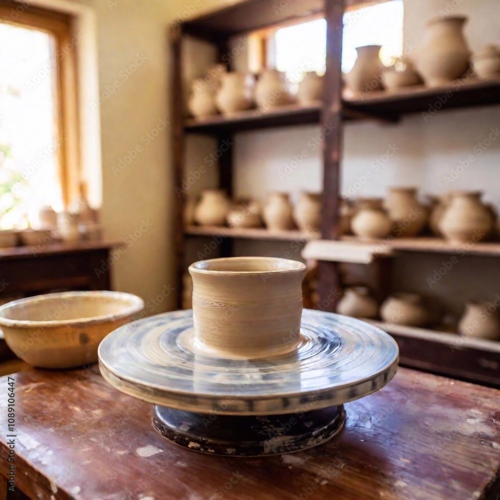 Long shot of a serene workshop atmosphere, showcasing a potter's wheel and clay in focus, with the cozy surroundings blurred in the background using rack focus. Long shot of a serene workshop atmosphere, showcasing a potter's wheel and clay in focus, with the cozy surroundings blurred in the background using rack focus.