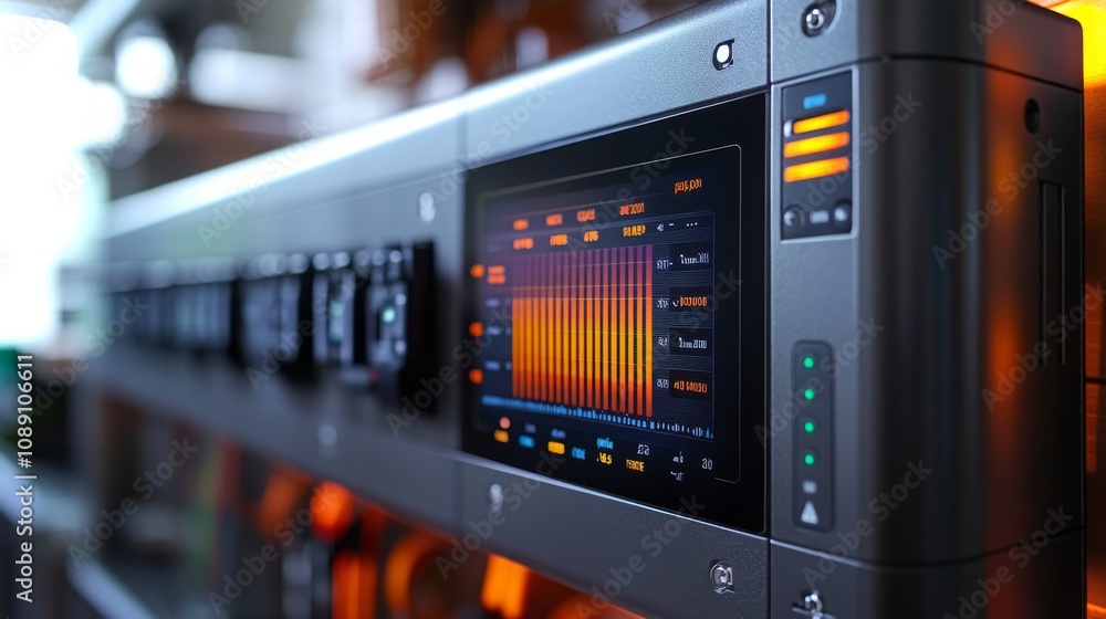 Close-up view of a solar inverter displaying holographic interface with vibrant data visualizations Close-up view of a solar inverter displaying holographic interface with vibrant data visualizations