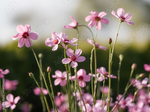 Individual pink flowers dance in the air as they sway gently to the breeze their delicate petals rustling softly, pink flower dance, spring blooms