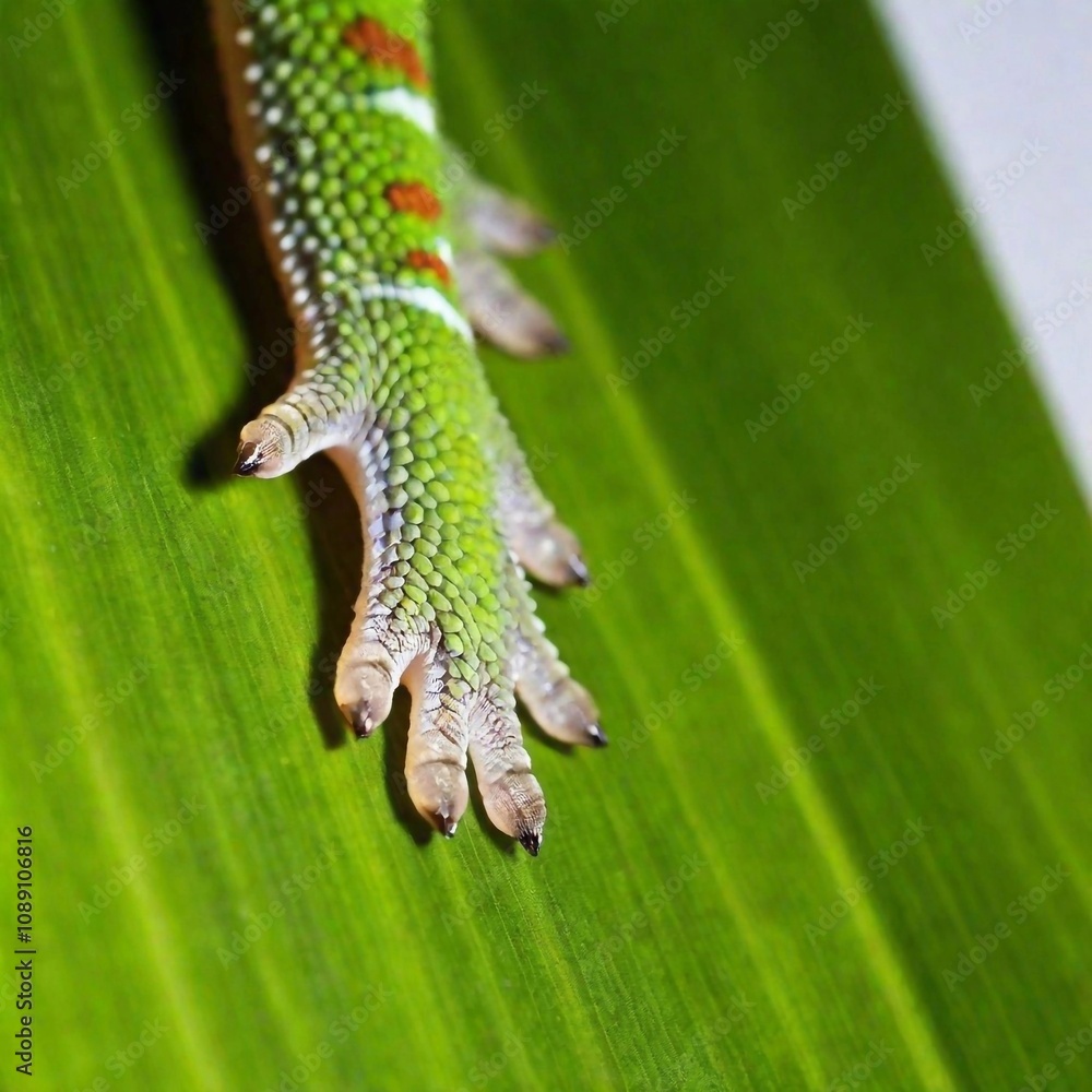 Obraz premium Extreme macro of a gecko's toes gripping a smooth palm leaf.