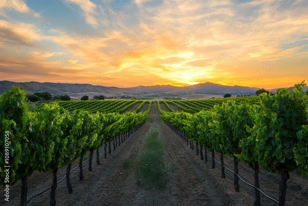 Fototapeta premium Scenic vineyard landscape at sunrise, with rows of lush grapevines stretching toward distant hills under a vibrant, cloudy sky.