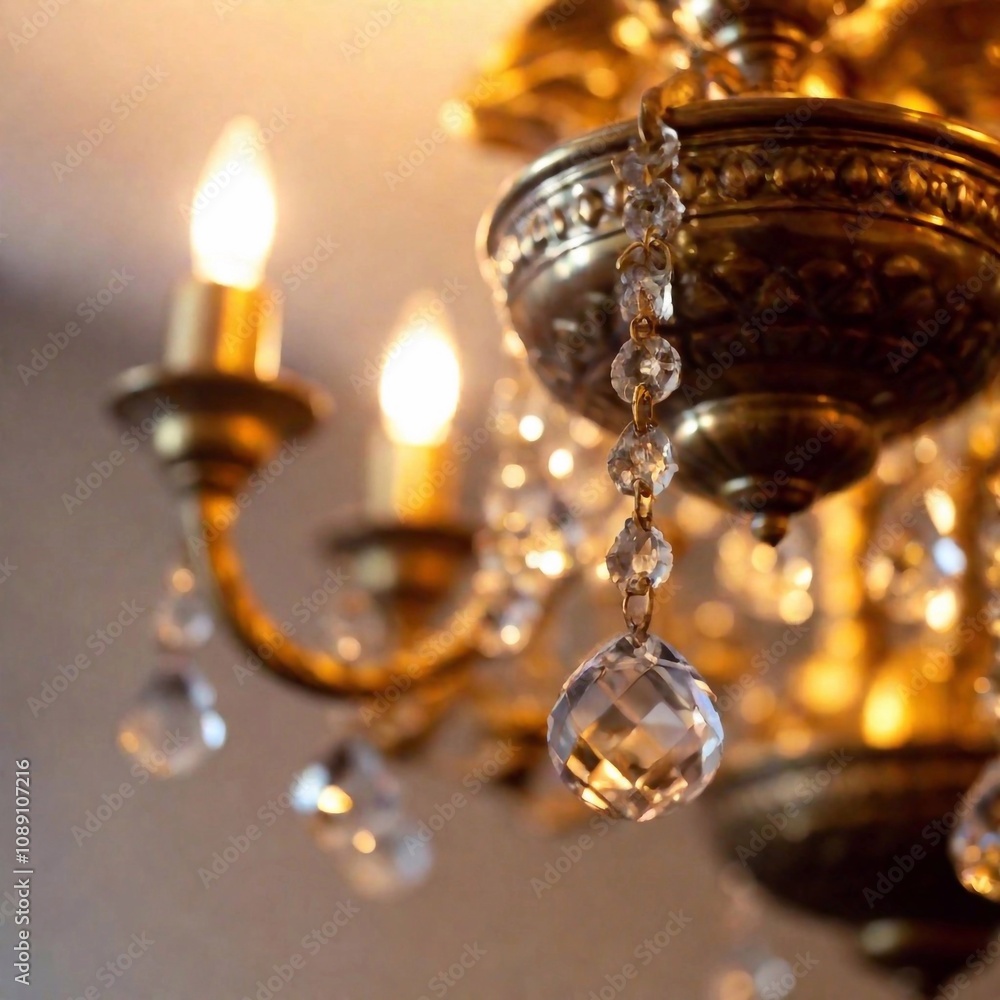 Macro of a glass chandelier, focusing on the smooth surfaces and light reflections. Macro of a glass chandelier, focusing on the smooth surfaces and light reflections.
