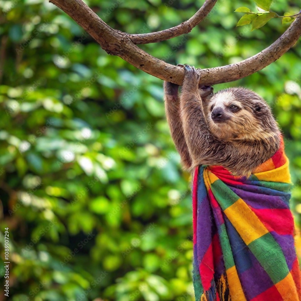 Obraz premium A relaxed sloth hanging from a branch, draped in a colorful poncho and fashionable accessories, with a peace sign and a colorful background representing a laid-back lifestyle.