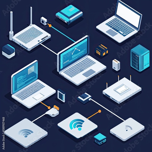 A vibrant flat design network layout, top view, showing interconnected devices like routers, laptops, and smartphones, with clean geometric aesthetics 