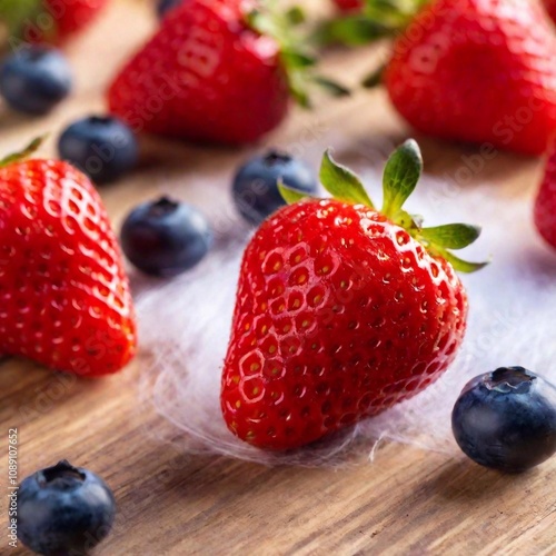 Cotton Candy with Fruit: An eye-level extreme macro shot of cotton candy served alongside fresh fruits like strawberries and blueberries, creating a vibrant and colorful composition with a soft focus  photo