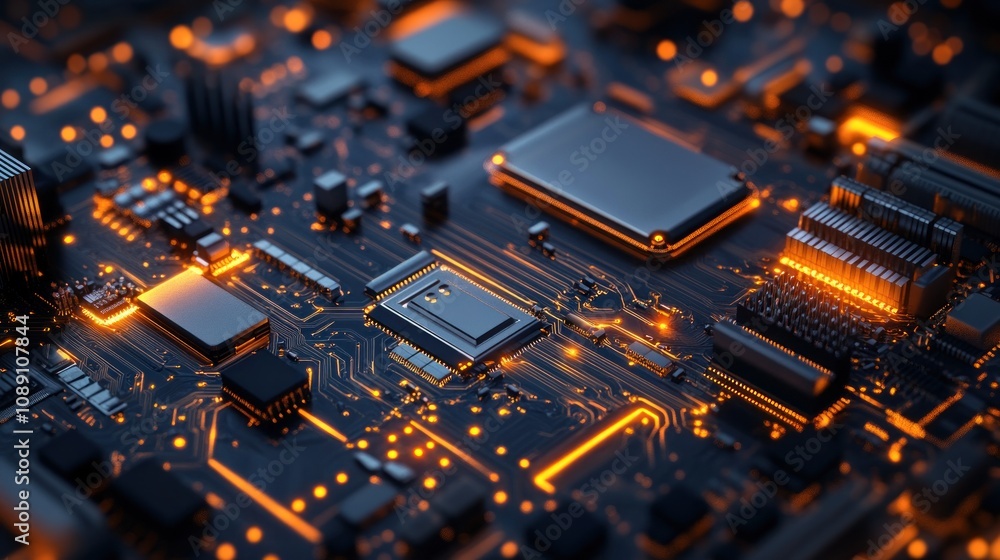 Macro view of electronic circuit board with illuminated components. Macro view of electronic circuit board with illuminated components.