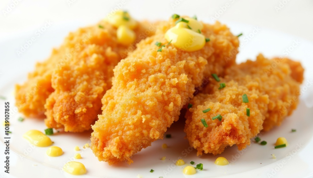 Crispy chicken strips with honey mustard and chives on white plate Crispy chicken strips with honey mustard and chives on white plate