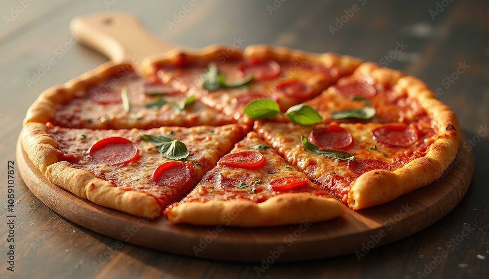 Deep-dish pizza slice with pepperoni, mozzarella, and basil on wooden board Deep-dish pizza slice with pepperoni, mozzarella, and basil on wooden board