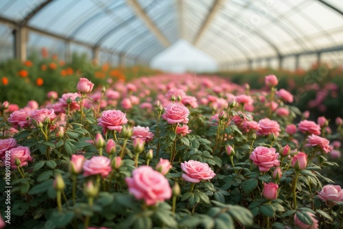 Fototapeta Naklejka Na Ścianę i Meble -  Greenhouse with blooming pink roses and green foliage
