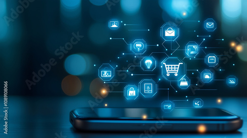 Digital shopping cart displayed on a smartphone surrounded by glowing icons representing online commerce.