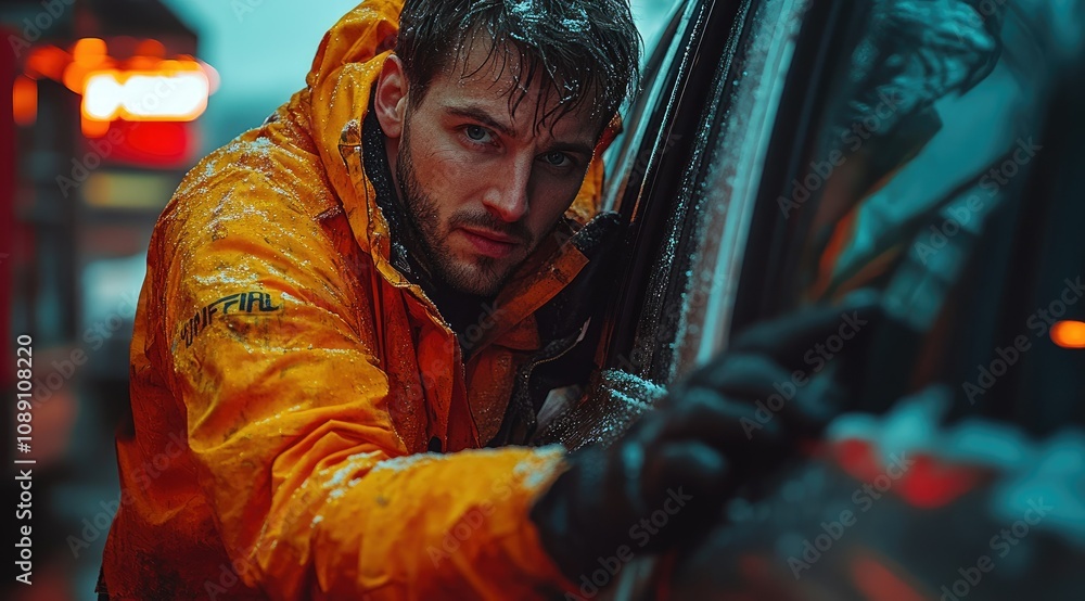 Man clearing ice from car window in snowy weather.