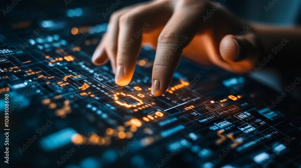 Close-up of a finger interacting with a glowing digital screen. The screen is filled with abstract data patterns and glowing lights. Close-up of a finger interacting with a glowing digital screen. The screen is filled with abstract data patterns and glowing lights.