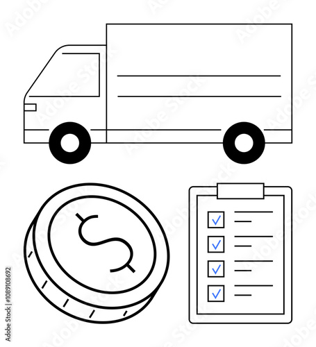 Delivery truck, dollar coin, and a checklist with ticks. Ideal for logistics, transportation planning, cost management, task tracking, business solutions, supply chain optimization workflow