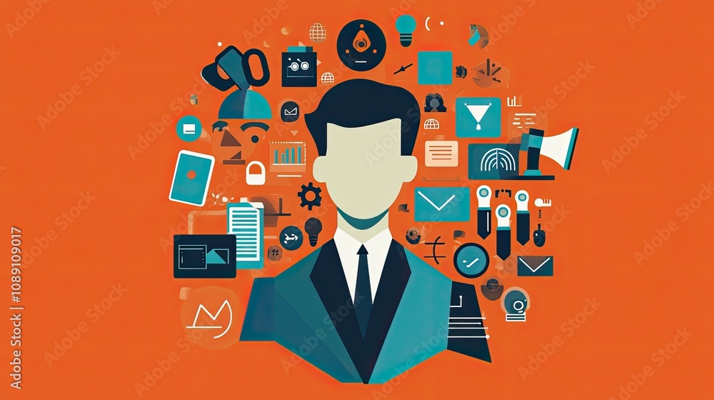 Businessperson surrounded by digital and technological symbols icons Businessperson surrounded by digital and technological symbols icons