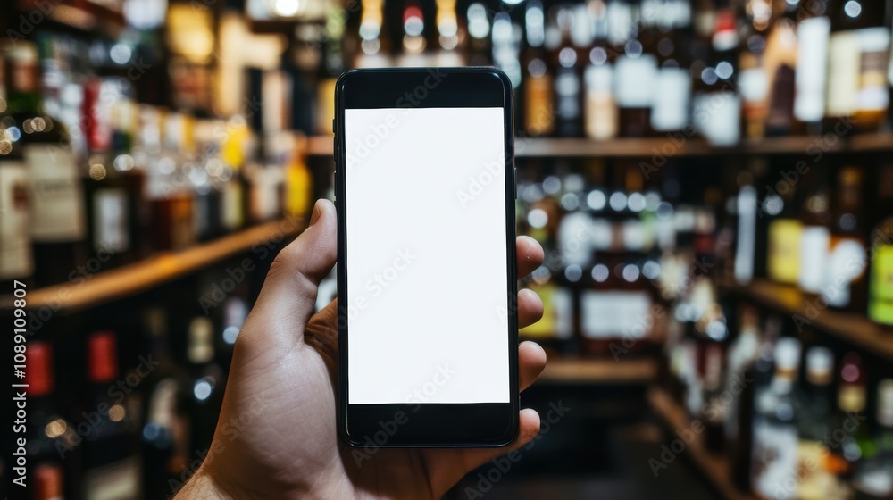 Hand holding a smart phone with blank screen for text in store in holiday shopping season Hand holding a smart phone with blank screen for text in store in holiday shopping season