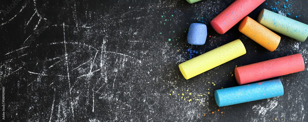 Colorful chalk pieces on a dark chalkboard.