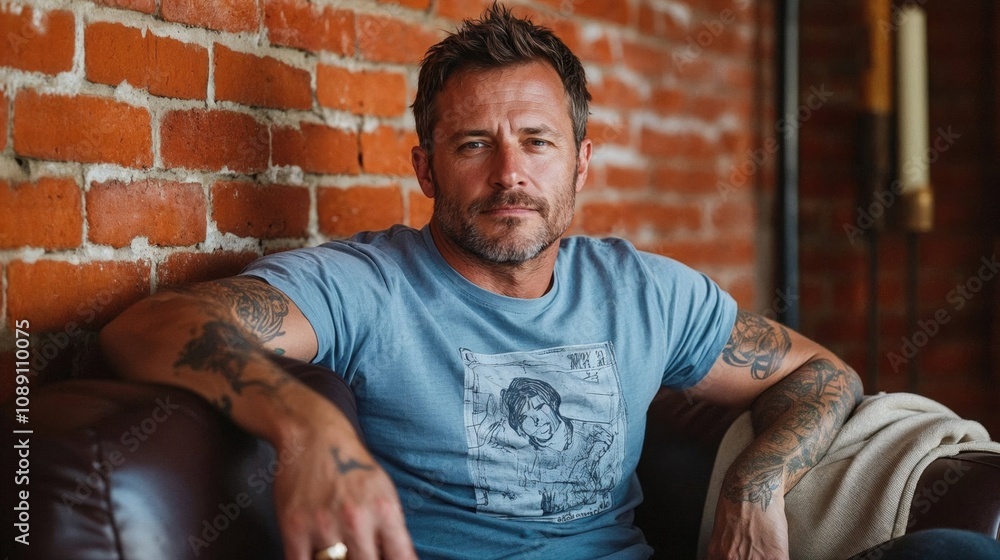 A rugged yet stylish man with tattoos sitting against a brick wall, exuding a relaxed and confident vibe, blending casual fashion with urban charm A rugged yet stylish man with tattoos sitting against a brick wall, exuding a relaxed and confident vibe, blending casual fashion with urban charm