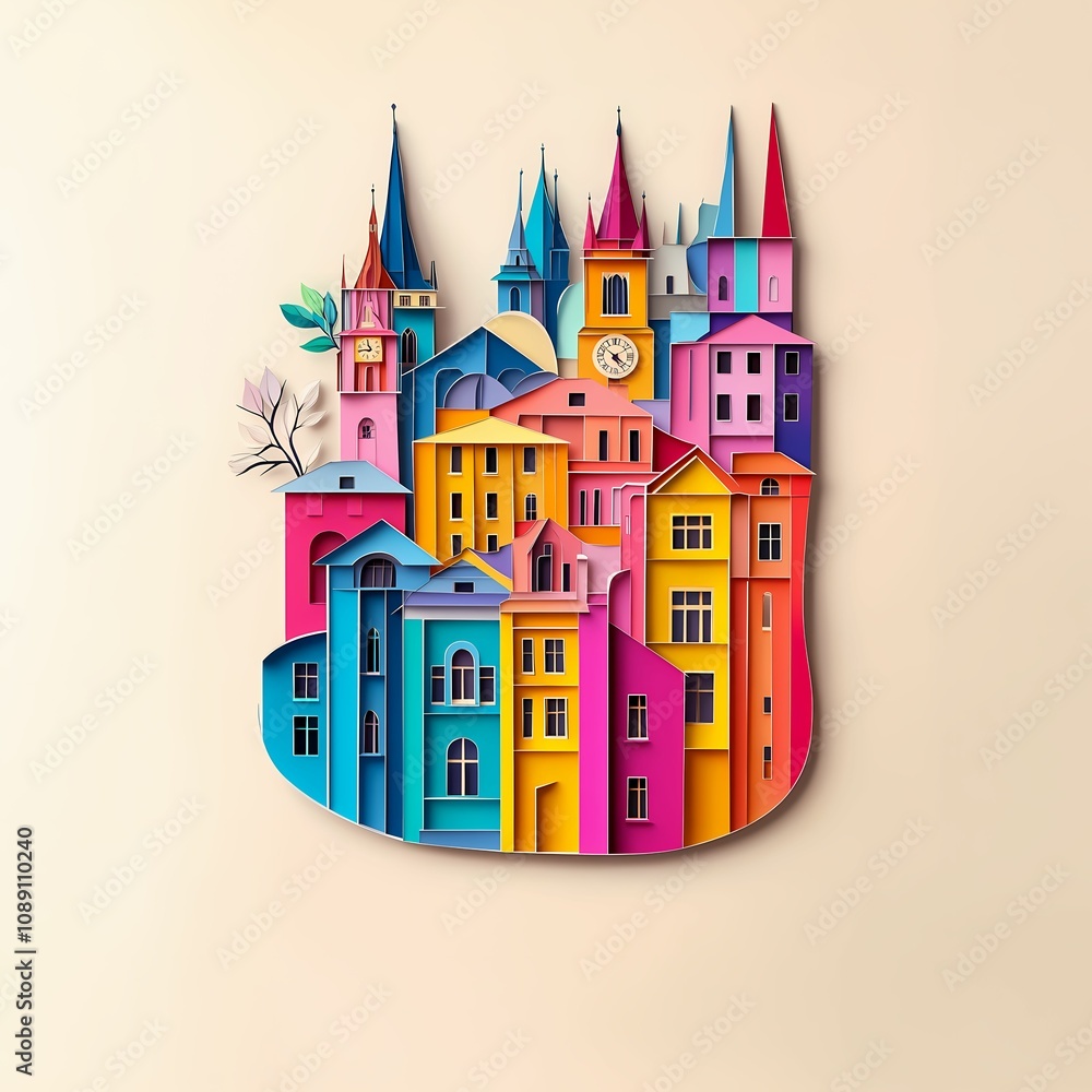 Naklejka premium Prague, Czechia, paper cut illustration - A colorful city with a clock on the top of it