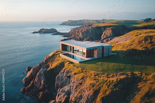 Drone shot of a modern house located on the Island of Sark. The drone in the level with the house but is far from the island so it shows the beautiful landscape.,generative ai