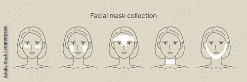 Facial cosmetic patches. Women Skincare. Collection of girl applying face patches. Vector illustration